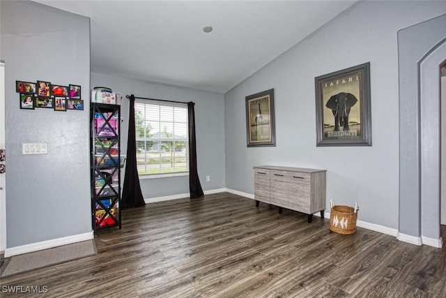 interior space featuring dark hardwood / wood-style flooring and lofted ceiling