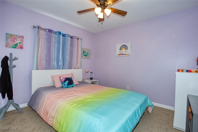 bedroom with light colored carpet and ceiling fan