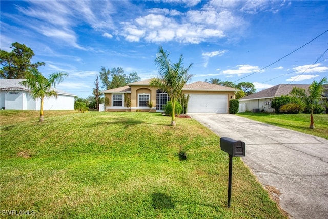 ranch-style house featuring a front yard and a garage