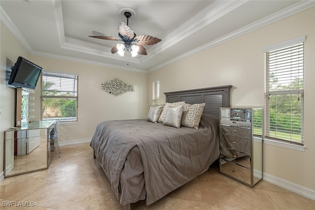 bedroom with multiple windows, ornamental molding, and ceiling fan