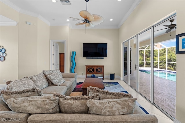 tiled living room with ceiling fan and ornamental molding