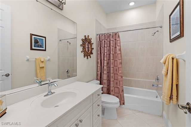 full bathroom with tile patterned flooring, vanity, shower / bath combo, and toilet