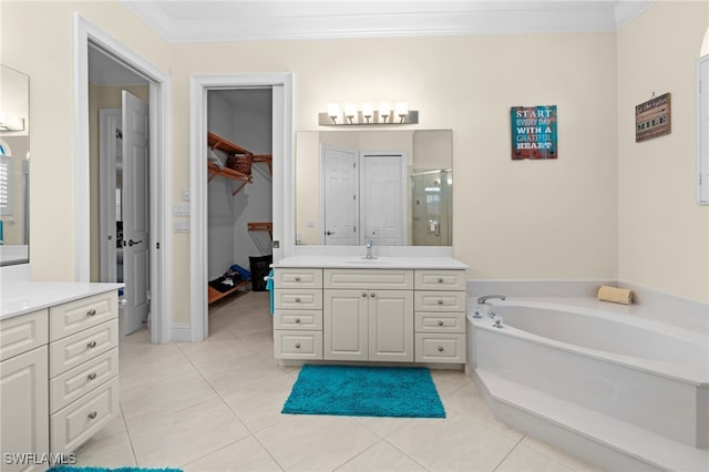 bathroom with tile patterned floors, vanity, independent shower and bath, and ornamental molding