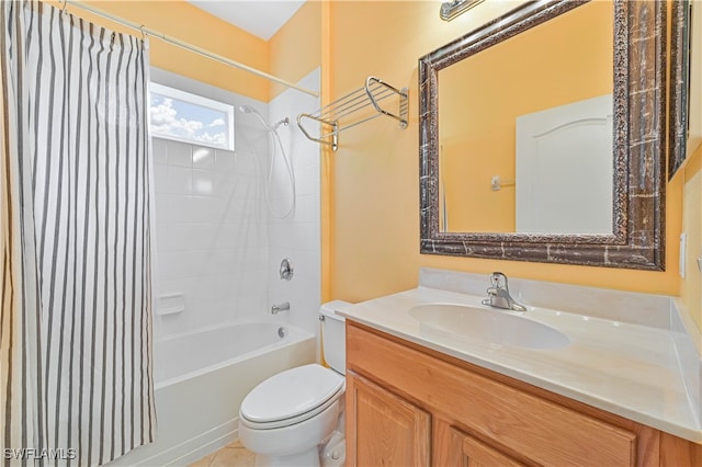 full bathroom with tile patterned flooring, shower / bath combo, toilet, and vanity