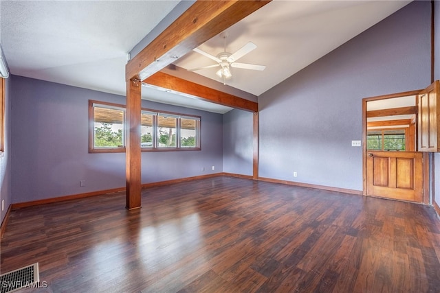 unfurnished living room featuring lofted ceiling with beams, dark hardwood / wood-style floors, and ceiling fan