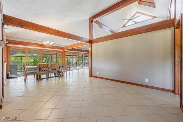 unfurnished dining area with beamed ceiling, light tile patterned flooring, and ceiling fan with notable chandelier