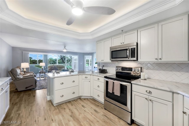 kitchen featuring light hardwood / wood-style floors, a raised ceiling, and appliances with stainless steel finishes