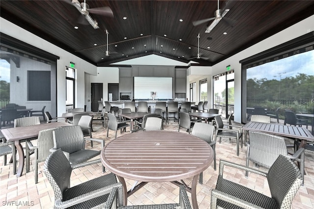 dining room with ceiling fan, wood ceiling, and high vaulted ceiling