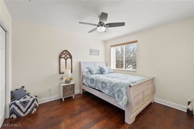 bedroom featuring ceiling fan and dark wood-type flooring