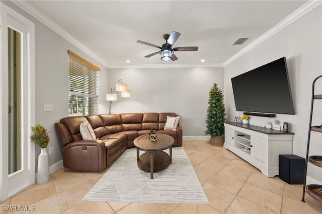 living room with ceiling fan, ornamental molding, and light tile patterned floors