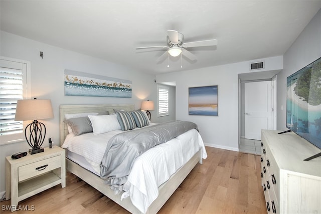 bedroom with light hardwood / wood-style flooring and ceiling fan