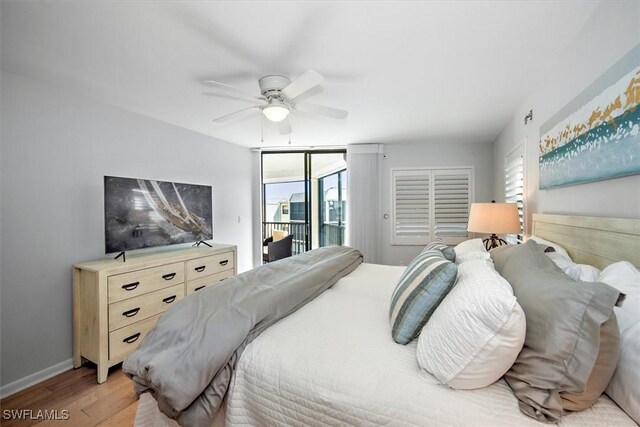 bedroom featuring access to exterior, light wood-type flooring, and ceiling fan