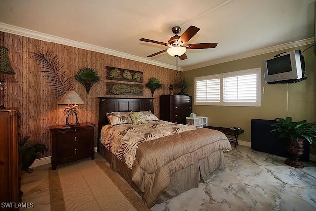 bedroom featuring ceiling fan, wood walls, and ornamental molding