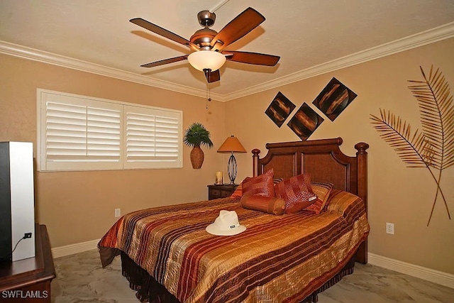 carpeted bedroom with ceiling fan and crown molding