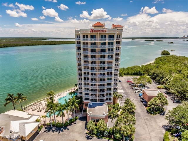 drone / aerial view with a water view