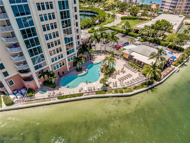 drone / aerial view featuring a water view