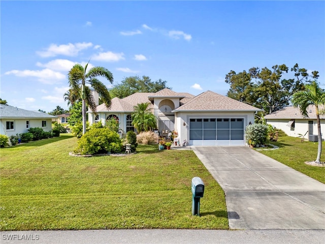 view of front of home with a garage and a front lawn