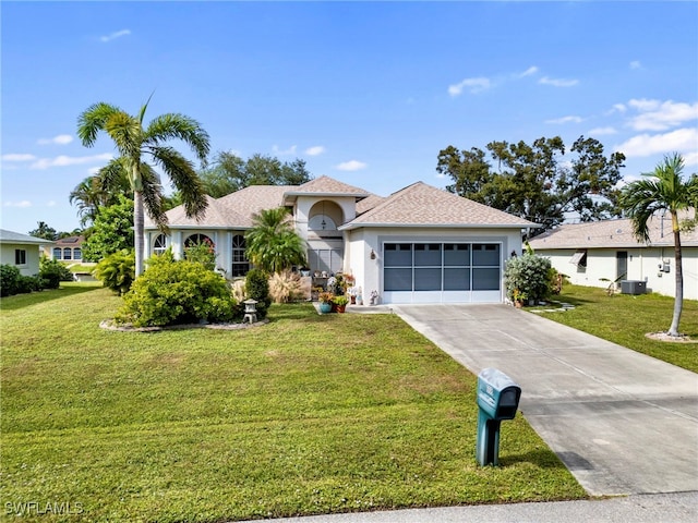 view of front of property with central air condition unit, a front yard, and a garage