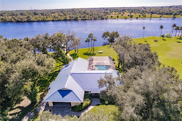 birds eye view of property featuring a water view