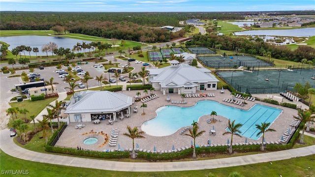 drone / aerial view featuring a water view