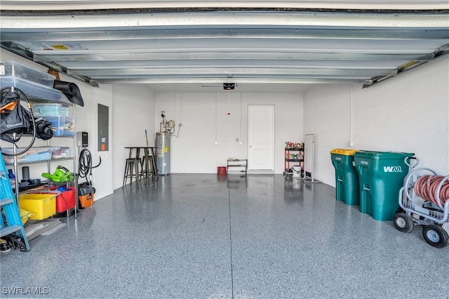 garage featuring electric panel and electric water heater