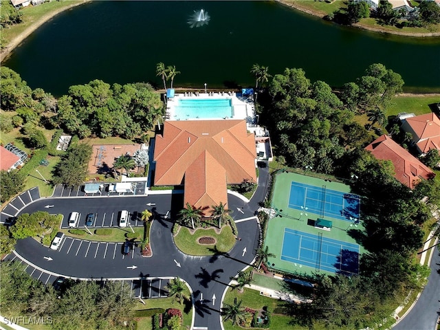 aerial view featuring a water view