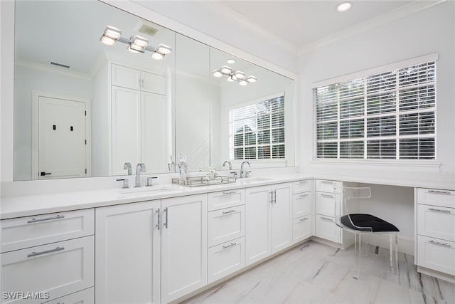 bathroom with vanity and ornamental molding