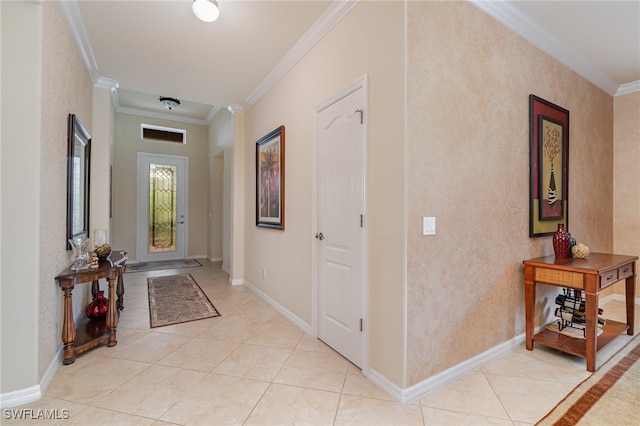 entryway featuring light tile patterned floors and ornamental molding