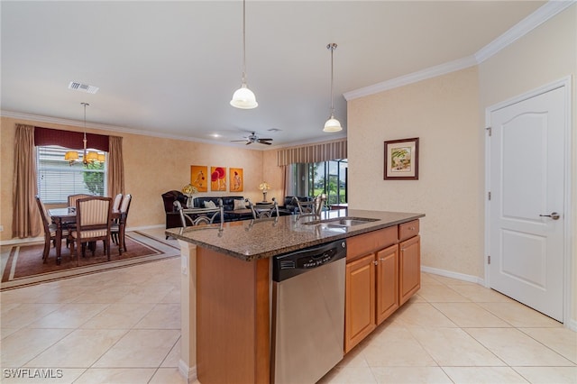 kitchen featuring stainless steel dishwasher, plenty of natural light, ceiling fan, and sink