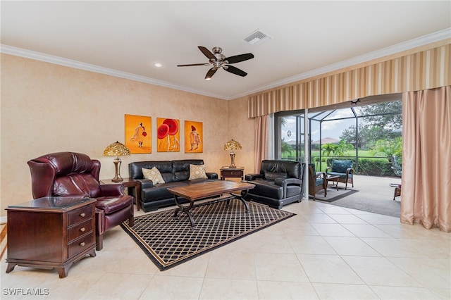 tiled living room with ceiling fan and crown molding