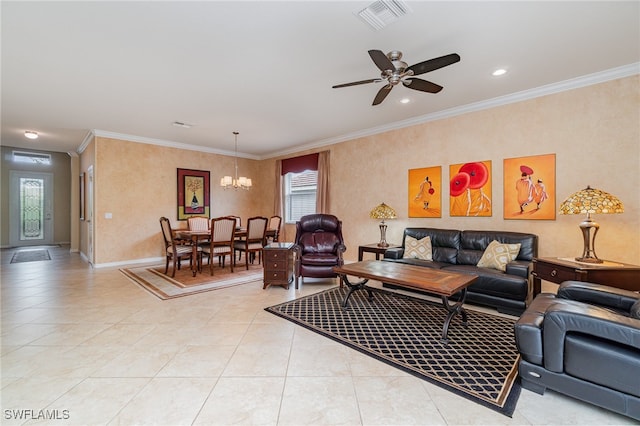 living room featuring ceiling fan with notable chandelier, ornamental molding, and light tile patterned flooring