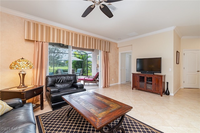 living room featuring light tile patterned floors, ceiling fan, and ornamental molding