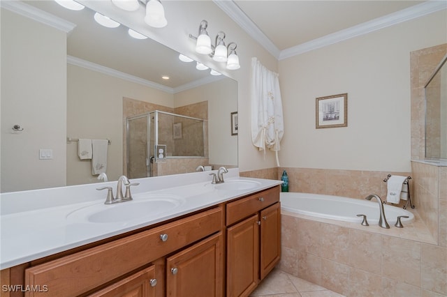 bathroom featuring tile patterned flooring, vanity, crown molding, and independent shower and bath