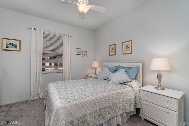 bedroom with light carpet and ceiling fan