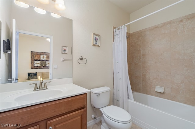 full bathroom featuring vanity, toilet, and shower / bathtub combination with curtain