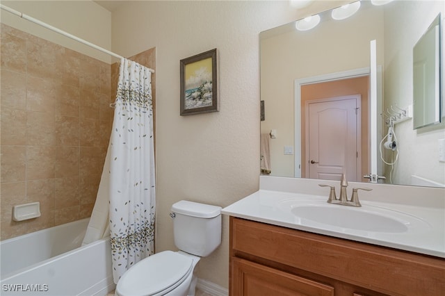 full bathroom featuring shower / bath combo, toilet, and vanity