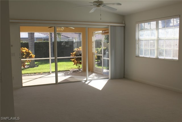 doorway to outside featuring carpet flooring, ceiling fan, and a wealth of natural light