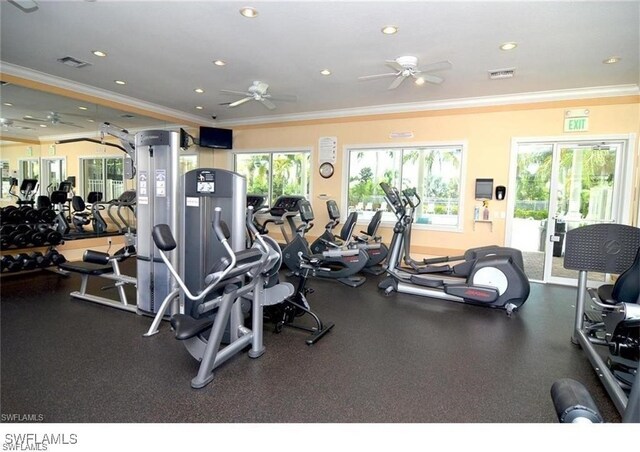 gym featuring plenty of natural light and ornamental molding