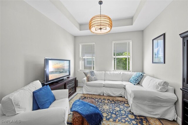 living room featuring a raised ceiling