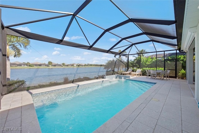 view of swimming pool with a lanai, a patio area, a water view, and pool water feature