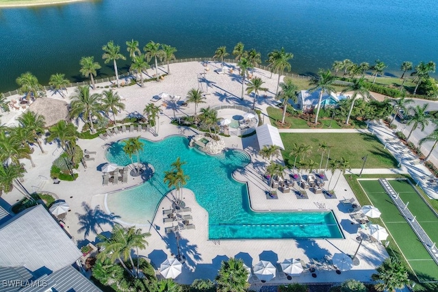 birds eye view of property featuring a water view