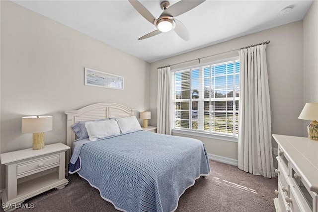 bedroom with ceiling fan and carpet