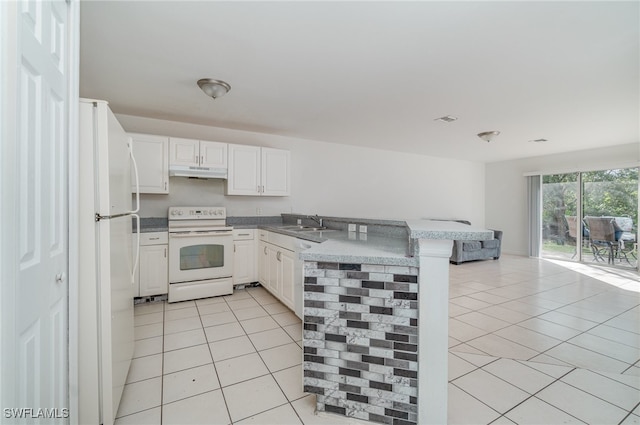 kitchen with white appliances, white cabinets, sink, light tile patterned floors, and kitchen peninsula