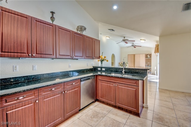 kitchen with sink, stainless steel dishwasher, kitchen peninsula, dark stone countertops, and lofted ceiling