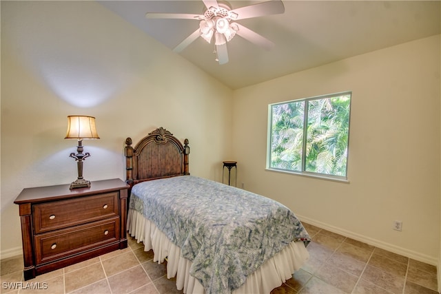 bedroom featuring ceiling fan and lofted ceiling