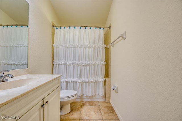 full bathroom with shower / tub combo, vanity, tile patterned flooring, toilet, and lofted ceiling