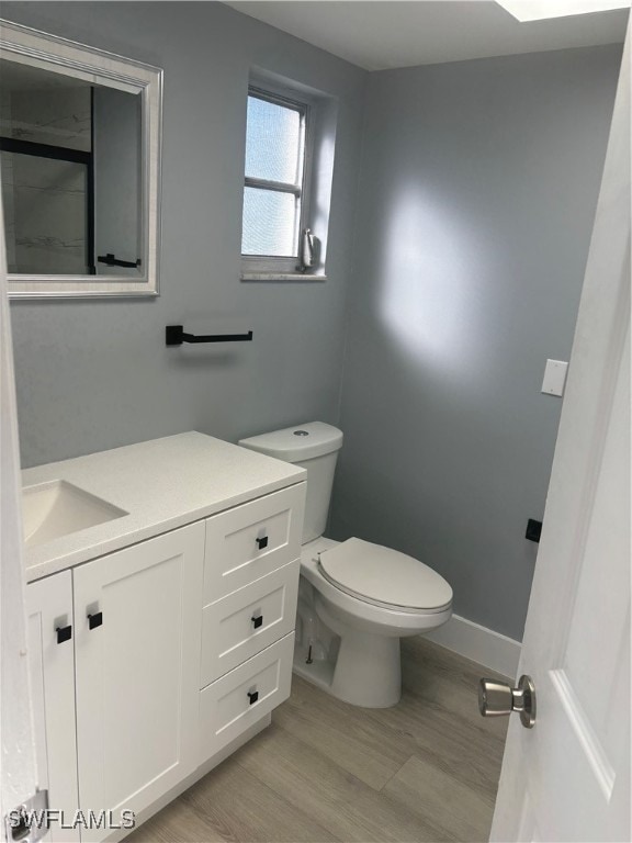 bathroom featuring toilet, vanity, and hardwood / wood-style flooring