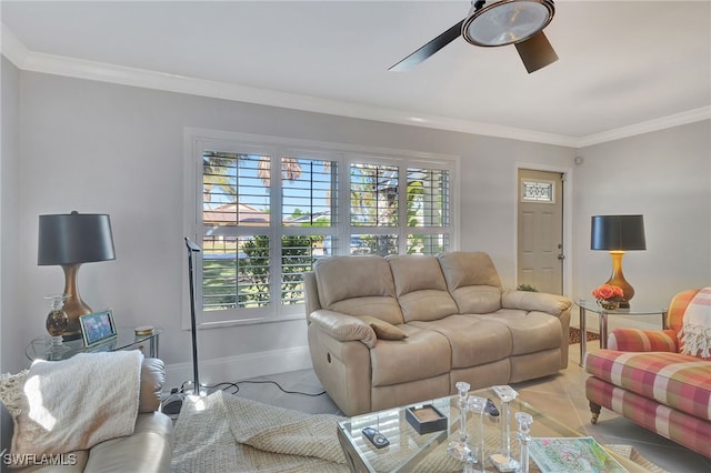 tiled living room featuring crown molding and ceiling fan