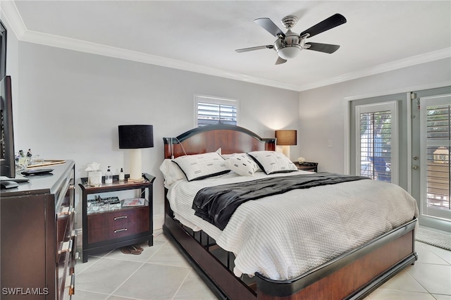 tiled bedroom with access to outside, multiple windows, ceiling fan, and crown molding