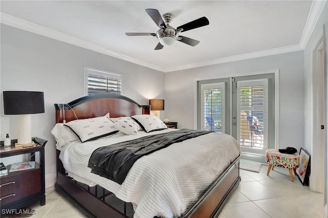 bedroom with light tile patterned floors, access to outside, ceiling fan, and crown molding